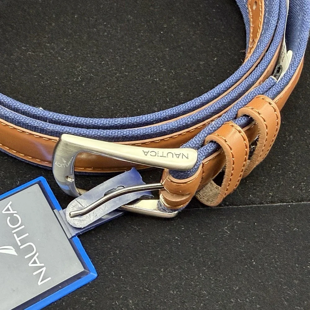 New Nautica Men's Signature Canvas Leather Overlay Belt Navy Cognac Size 42